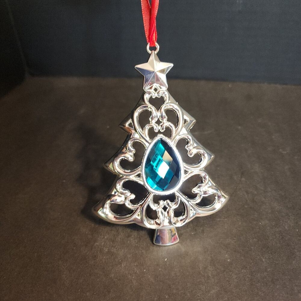 Lenox Christmas Ornament Bejeweled Green Jeweled Tree Silver Holiday Decor